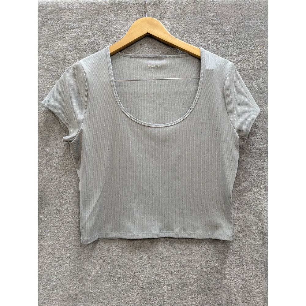 Minimalist Ribbed Crop Top Womens XL Grey Scoop Neck Short Sleeve Baby Tee